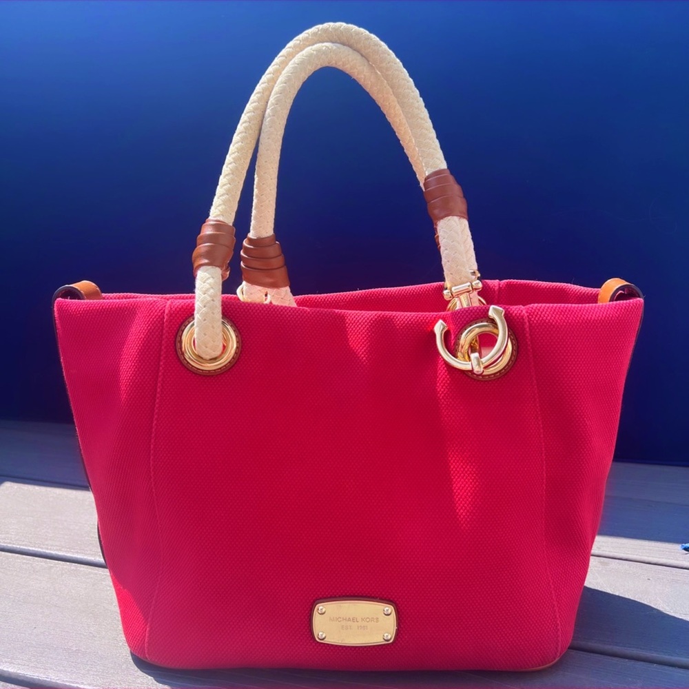 MICHAEL KORS Red Canvas “Marina” Gold Anchor Tote Bag Purse